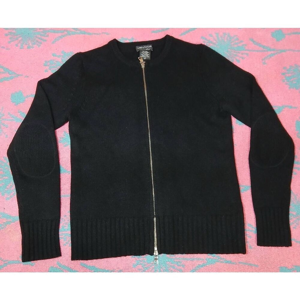Lord and Taylor womens small full zip sweater wool cashmere black